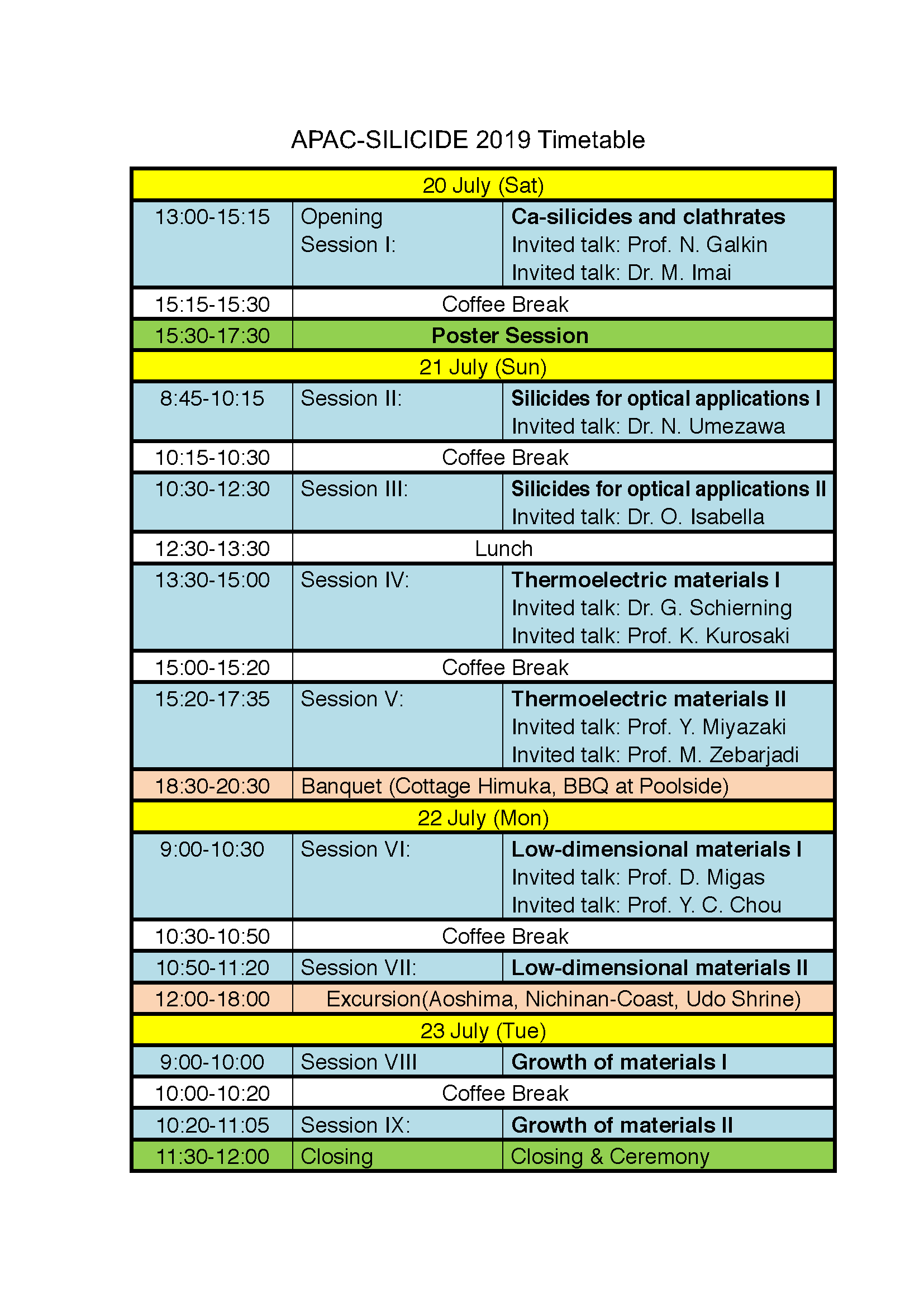 Timetable - APAC SILICIDE 2019